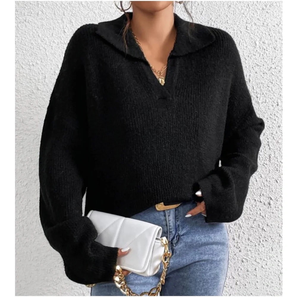 Solid Notched neck Oversized Sweater Top - Picture 2 of 9